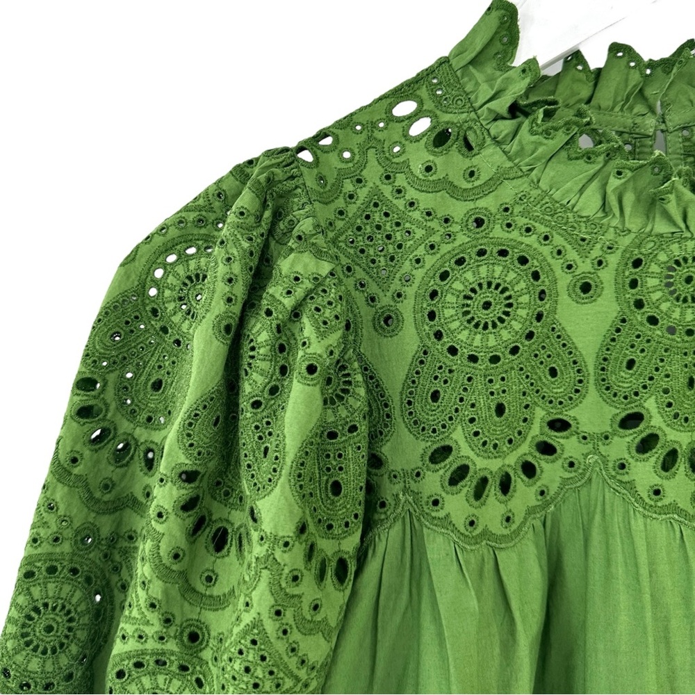 Ulla Johnson Mischa Top - Green Puff Sleeve Loose Fit Eyelet Cotton Blouse sz 2 - Picture 7 of 11